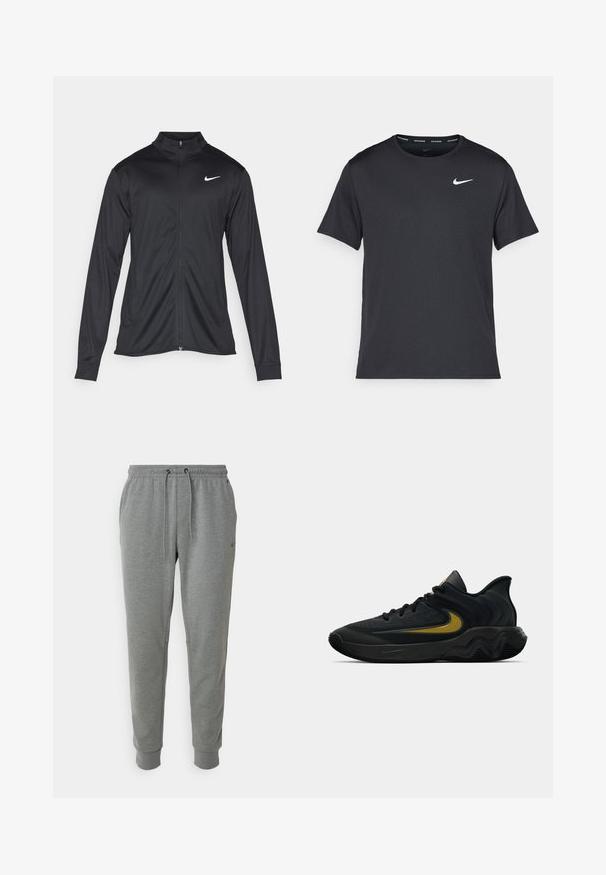 Jachetă sportivă neagră cu mâneci lungi, guler și fermoar complet. Prezintă un logo Nike subtil, alb, pe pieptul din stânga sus. Textură netedă.; Tricou de alergare Nike negru, fabricat dintr-un material ușor și respirabil, cu mâneci scurte și un mic logo alb pe piept.; Pantaloni de trening gri cu talie elastică și șnur. Manșete la glezne. Textură plată cu buzunare laterale și detaliu mic cu logo.; Pantofii sport negri și gri închis, cu șireturi negre și logo-ul aurit sub formă de swoosh, având un design al tălpii în valuri și un guler căptușit la călcâi.