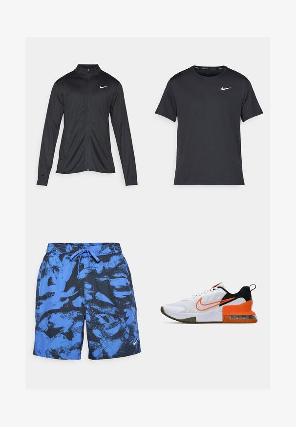 Jachetă sportivă neagră cu mâneci lungi, guler și fermoar complet. Prezintă un logo Nike subtil, alb, pe pieptul din stânga sus. Textură netedă.; Tricou de alergare Nike negru, fabricat dintr-un material ușor și respirabil, cu mâneci scurte și un mic logo alb pe piept.; Șorturi de baie cu un model albastru și negru, cu talie elastică și șnur. Prezintă un logo Nike în colțul din dreapta jos.; Pantofii sport albi au un superior din plasă texturată, accente negre și portocalii, o talpă din cauciuc groasă și o secțiune de amortizare transparentă la călcâi.