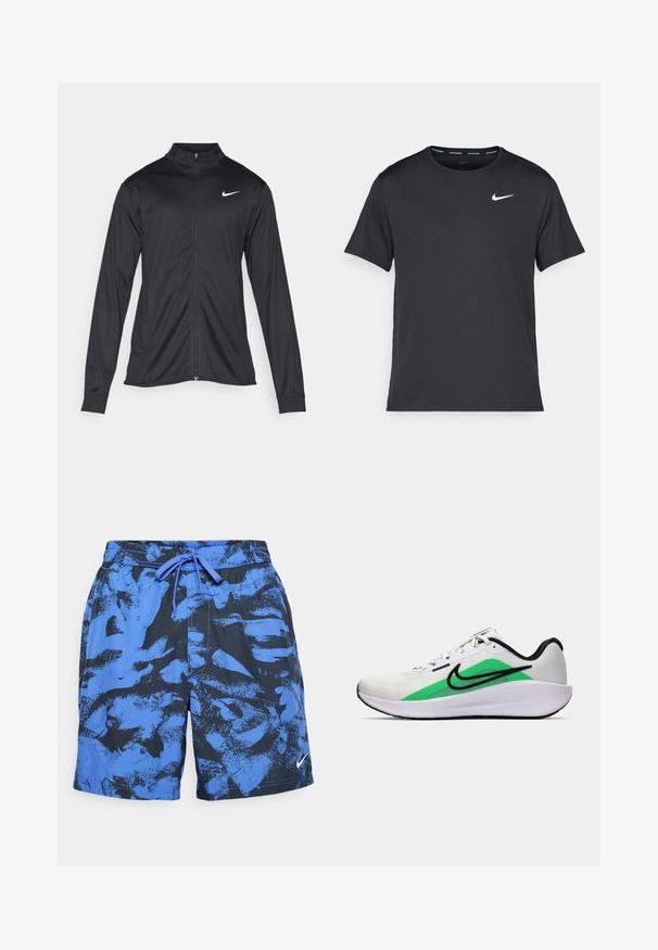 Black athletic jacket with long sleeves, collar, and full zipper. Features a subtle Nike logo in white on the upper left chest. Smooth texture.; Black Nike running T-shirt made of lightweight, breathable material, featuring short sleeves and a small white logo on the chest.; Blue and black patterned swim shorts with an elastic waistband and drawstring. Features a Nike logo on the lower right side.; White athletic shoe with a green accent, black logo, mesh upper, cushioned sole, and a rounded heel. Features laces and contrast detailing.