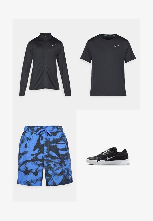 Black athletic jacket with long sleeves, collar, and full zipper. Features a subtle Nike logo in white on the upper left chest. Smooth texture.; Black Nike running T-shirt made of lightweight, breathable material, featuring short sleeves and a small white logo on the chest.; Blue and black patterned swim shorts with an elastic waistband and drawstring. Features a Nike logo on the lower right side.; Black athletic shoe with a textured upper, white Nike swoosh, and a white rubber outsole. Features a lace-up design and dynamic shape.