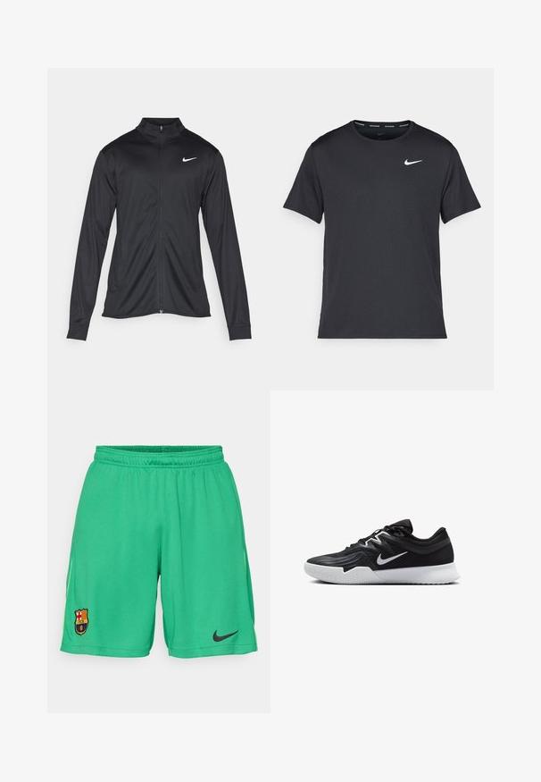 Czarna sportowa kurtka z długimi rękawami, kołnierzem i pełnym zamkiem. Posiada subtelne logo Nike w białym kolorze na lewej górnej części klatki piersiowej. Gładka tekstura.; Czarna koszulka do biegania Nike z lekkiego, oddychającego materiału, z krótkimi rękawami i małym białym logo na piersi.; Zielone szorty piłkarskie wykonane z teksturowanej tkaniny, z czarnym logo Nike oraz herbem klubu Barcelona na lewej nodze.; Czarne buty sportowe z teksturowaną cholewką, białym logo Nike i białą gumową podeszwą. Charakteryzują się sznurowanym zapięciem i dynamicznym kształtem.