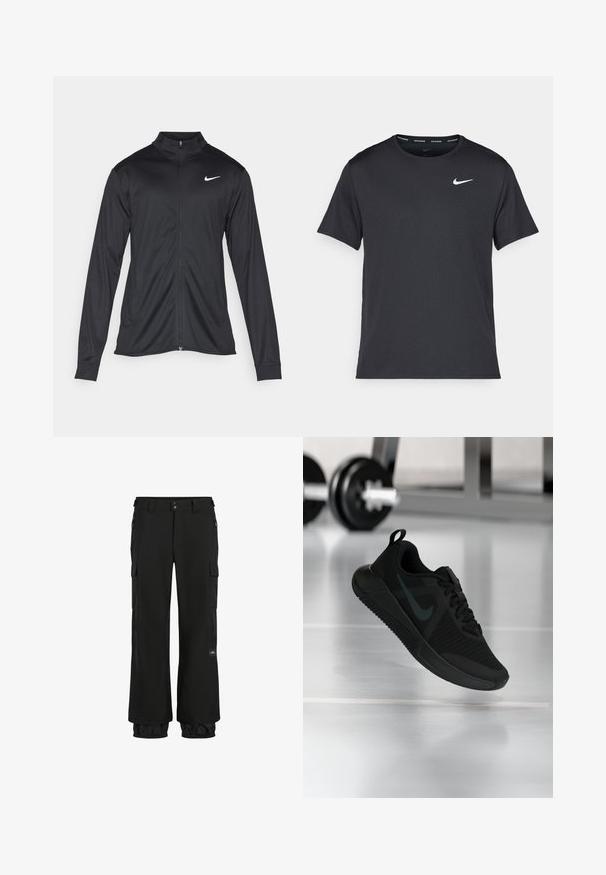 Svart idrettsjakke med lange ermer, krage og full glidelås. Har en subtil Nike-logo i hvitt på øvre venstre bryst. Glatt tekstur.; Svart Nike løpe-T-skjorte laget av lett, pustende stoff, med korte ermer og en liten hvit logo på brystet.; Svart cargo-bukser med løs passform, laget av slitesterk stoff. Funksjoner inkluderer glidelåslommer, elastiske mansjetter, og et logo-merke.; Svart sportsko med teksturert mesh-overdel, gummisåle og en markant mørk swoosh-logo. Har polstret krage og snøresystem.