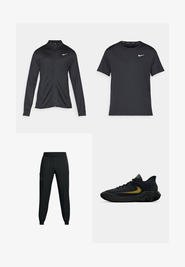 Zwarte sportjack met lange mouwen, kraag en volle rits. Voorzien van een subtiele Nike-logo in het wit op de bovenste linkerborst. Soepele textuur.; Zwarte Nike hardloop T-shirt gemaakt van lichtgewicht, ademend materiaal, met korte mouwen en een klein wit logo op de borst.; Zwarte sportbroek met een elastische tailleband, taps toelopend ontwerp, zijzakken en contrasterende paneeldetails. Lichtgewicht, gladde stof.; Zwarte en donkergrijze sportschoen met zwarte veters en een gouden swoosh-logo, met een golvend zoolontwerp en een gepolsterde hielkraag.