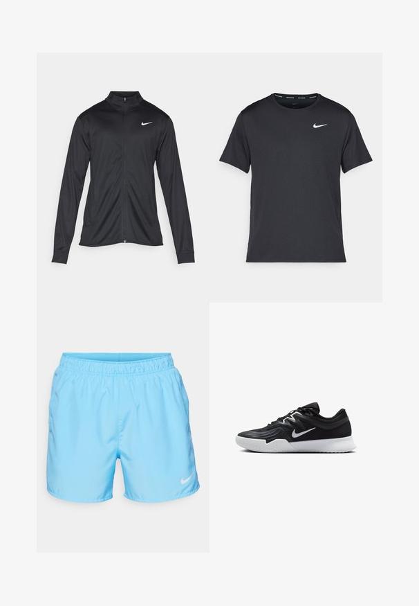 Svart idrettsjakke med lange ermer, krage og full glidelås. Har en subtil Nike-logo i hvitt på øvre venstre bryst. Glatt tekstur.; Svart Nike løpe-T-skjorte laget av lett, pustende stoff, med korte ermer og en liten hvit logo på brystet.; Lyseblå idrettsshorts med elastisk midje og sidelommer; har en hvit Nike swoosh-logo nederst.; Svart treningssko med teksturert overdel, hvit Nike-swoosh og hvit gummisåle. Har snøring og en dynamisk form.