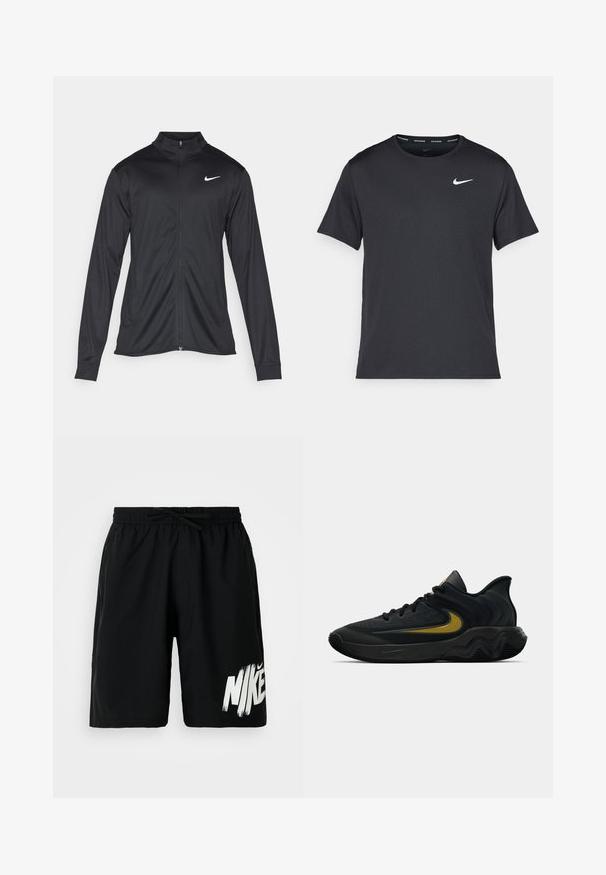 Melna sporta jaka ar garām piedurknēm, apkakli un pilnu rāvējslēdzēju. Uz kreisā krūts augšdaļas ir maigs Nike logo baltā krāsā. Gluda tekstūra.; Melna Nike skriešanas T-kreklā, kas izgatavots no viegla un elpojoša materiāla, ar īsām piedurknēm un mazu baltu logo uz krūtīm.; Melni ceļu garuma šorti ar elastīgu jostu un auklu, ar izteiksmīgu baltu Nike logotipu kreisajā apakšējā kājā.; Melna un tumši pelēka sporta apavu pāris ar melnām auklām un zelta Swoosh logo, ar viļņotu zolītes dizainu un polsterētu papēdi.