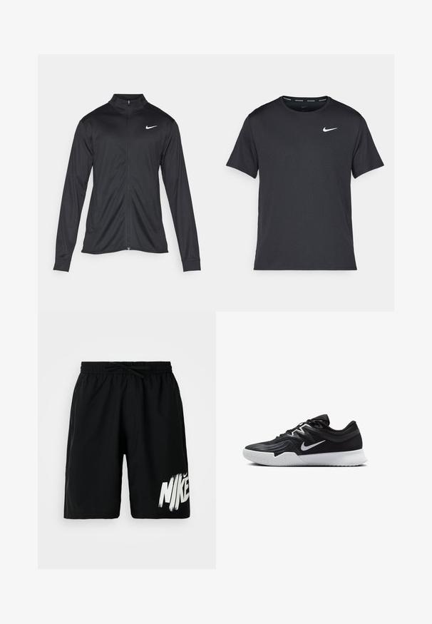 Jachetă sportivă neagră cu mâneci lungi, guler și fermoar complet. Prezintă un logo Nike subtil, alb, pe pieptul din stânga sus. Textură netedă.; Tricou de alergare Nike negru, fabricat dintr-un material ușor și respirabil, cu mâneci scurte și un mic logo alb pe piept.; Shorts negri de lungime medie, cu talie elastică și șnur, având un logo Nike alb, îndrăzneț, pe partea stângă de jos a piciorului.; Pantof sport negru cu un superior texturat, swoosh alb Nike și o tălpică din cauciuc alb. Dispune de un design cu șireturi și o formă dinamică.