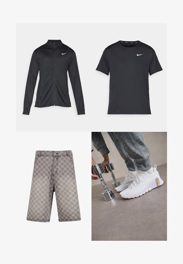 Fekete sportdzseki hosszú ujjal, gallérral és teljes cipzárral. Diszkrét fehér Nike logóval az upper bal mellen. Sima textúra.; Fekete Nike futó póló, könnyű, légáteresztő anyagból készült, rövid ujjú, és a mellkasán egy kicsi fehér logó található.; Szürke farmer rövidnadrág körkörös mintázattal, hagyományos öt zsebes kialakítással és látható varrási részletekkel.; Fehér sportcipők texturált felsőrésszel, lapos gumitalppal és világosbarna részletekkel. Ezüst súlyzók az előtérben. Szürke sportnadrág látható.