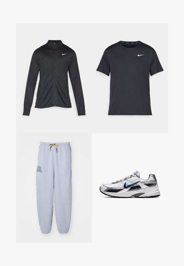 Zwarte sportjack met lange mouwen, kraag en volle rits. Voorzien van een subtiele Nike-logo in het wit op de bovenste linkerborst. Soepele textuur.; Zwarte Nike hardloop T-shirt gemaakt van lichtgewicht, ademend materiaal, met korte mouwen en een klein wit logo op de borst.; Lichtgrijze joggingbroek van katoenmix. Voorzien van een elastische tailleband met gele trekkoord, zijzakken en een groen "Under Armour" logo.; Nike hardloopschoen met een witte mesh bovenkant, navy en zilveren accenten, getextureerde overlays en een gevoerde grijze zool.
