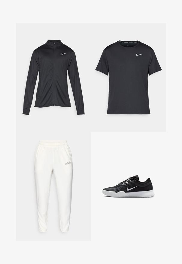 Jacket desportivo preto com mangas longas, colarinho e fecho zip completo. Apresenta um discreto logotipo da Nike em branco na parte superior do lado esquerdo do peito. Textura suave.; T-shirt de corrida Nike preto, feito de material leve e respirável, com mangas curtas e um pequeno logo branco no peito.; Calças de jogging brancas com cintura elástica, bolsos laterais e um logótipo refletor da Nike na coxa esquerda, feitas de tecido leve.; Sapatilha atlética preta com um cabedal texturizado, swoosh branco da Nike e uma sola de borracha branca. Apresenta um design com atacadores e uma forma dinâmica.