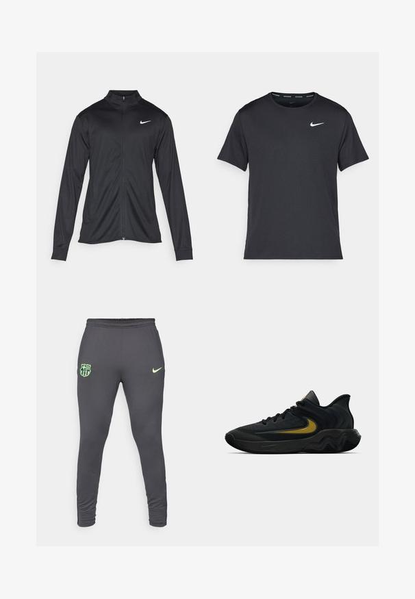 Musta urheilutakki pitkillä hihoilla, kauluksella ja kokonaisella vetoketjulla. Täydentää hienovarainen Nike-logo valkoisena vasemmassa ylärinnassa. Litteä pinta.; Musta Nike juoksupaita, joka on valmistettu kevyestä ja hengittävästä materiaalista. Paidassa on lyhyet hihnat ja pieni valkoinen logo rinnassa.; Harmaat urheiluhousut, joissa on kapea malli. Tässä mallissa on limevihreä Nike-logo ja Barcelona-klubin vaakuna vasemmassa reidessä. Venytettävä kangas.; Musta ja tummanharmaa urheilukenkä mustilla nauhoilla ja kultaisella swoosh-logolla, jossa on aaltoileva pohjakuvio ja pehmustettu kantapään kaulus.