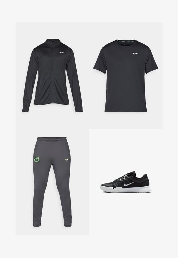 Sort atletisk jakke med lange ærmer, krave og fuld lynlås. Har et diskret Nike-logo i hvidt på den øverste venstre side af brystet. Glat tekstur.; Sort Nike løbe T-shirt lavet af let, åndbart materiale, med korte ærmer og et lille hvidt logo på brystet.; Grå atletiske joggingbukser med en tætsiddende pasform, med et limegrønt Nike-logo og et Barcelona klubmærke på venstre lår. Strækstof.; Sort atletiksko med en tekstureret overdel, hvid Nike swoosh og en hvid gummisål. Har en snørret design og dynamisk form.