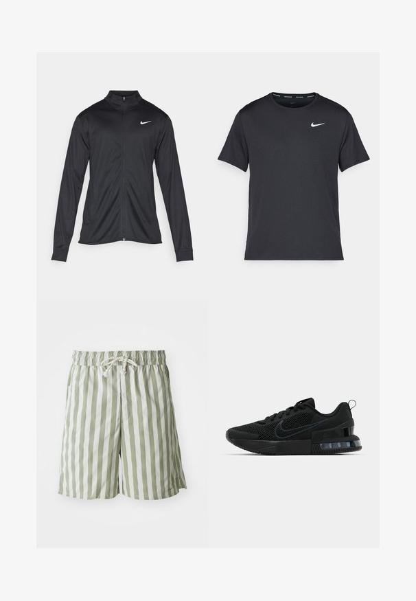 Veste de sport noire à manches longues, avec col et fermeture éclair intégrale. Présente un logo Nike subtil en blanc sur le côté supérieur gauche de la poitrine. Texture lisse.; T-shirt de course noir Nike en matériau léger et respirant, avec des manches courtes et un petit logo blanc sur la poitrine.; Shorts de bain rayés verts et blancs en tissu léger, dotés d'une taille élastique avec cordon de serrage et de poches latérales.; Baskets de sport Nike noires avec dessus en maille, semelle en caoutchouc, col rembourré et un accent distinctif au talon transparent.