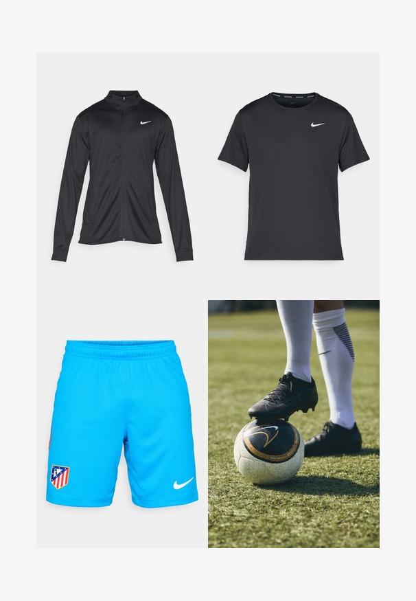 Melna sporta jaka ar garām piedurknēm, apkakli un pilnu rāvējslēdzēju. Uz kreisā krūts augšdaļas ir maigs Nike logo baltā krāsā. Gluda tekstūra.; Melna Nike skriešanas T-kreklā, kas izgatavots no viegla un elpojoša materiāla, ar īsām piedurknēm un mazu baltu logo uz krūtīm.; Gaiši zili sporta šorti, kas izgatavoti no elpojoša auduma ar elastīgu jostasvietu, ar komandas logo uzšuvumu un baltu Nike sviestmaizi.; Melni futbola apavi uz baltiem un melniem rakstiem rotātas futbola bumbas, kas atpūšas uz zaļās zāles. Apaviem ir strukturēts materiāls un šņorēšana.