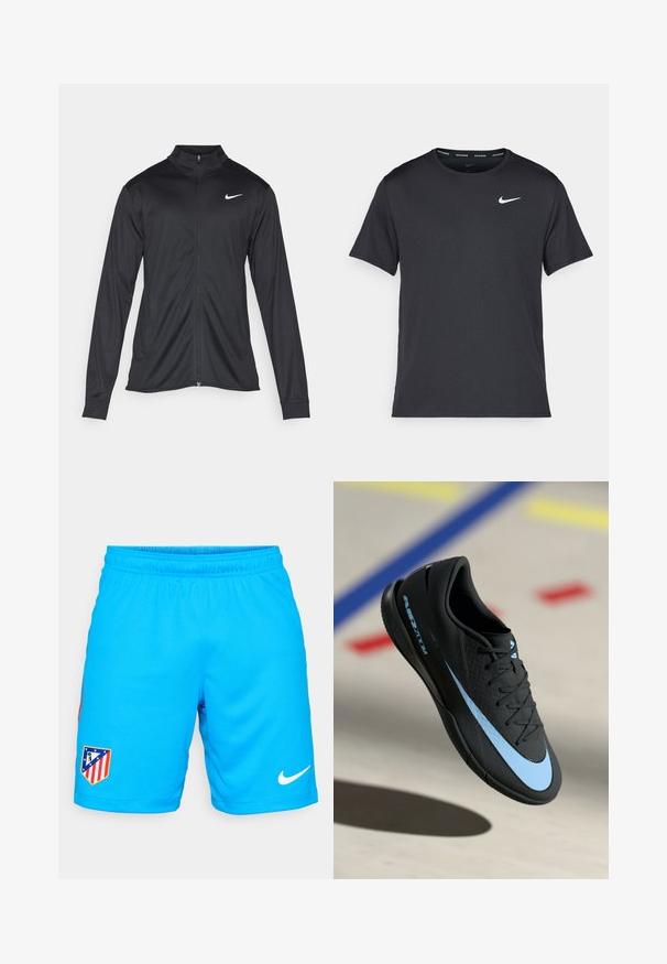 Jachetă sportivă neagră cu mâneci lungi, guler și fermoar complet. Prezintă un logo Nike subtil, alb, pe pieptul din stânga sus. Textură netedă.; Tricou de alergare Nike negru, fabricat dintr-un material ușor și respirabil, cu mâneci scurte și un mic logo alb pe piept.; Pantaloni scurți atletici de culoare albastru deschis, dintr-un material respirabil, cu un elastic în talie, având un patch cu logo-ul echipei și un swoosh alb Nike.; Pantof de sport negru cu accente albastre, suprafață texturată, design cu șireturi și logo-ul distinctiv Nike. Talpă din cauciuc cu modele de aderență.