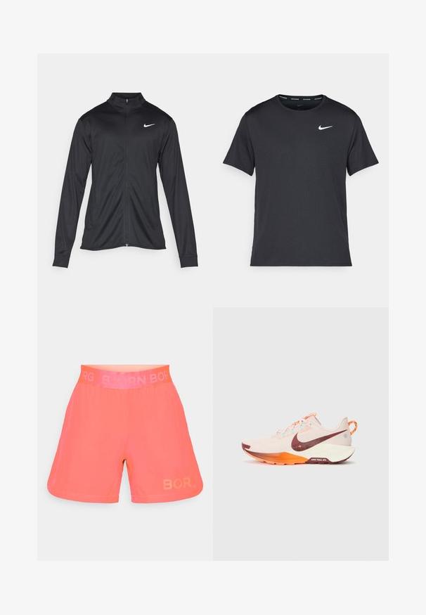 Crna sportska jakna s dugim rukavima, ovratnikom i punim patentnim zatvaračem. Ima suptilan Nike logo u bijeloj boji na gornjem lijevom dijelu prsne oznake. Glatka tekstura.; Crna Nike majica za trčanje napravljena od laganog, prozračnog materijala, s kratkim rukavima i malim bijelim logotipom na prsima.; Neoni narančasti atletski šorts s glatkom teksturom, elastični pojas s natpisom "BORG" u svijetloružičastoj boji i logotipom otisnutim na lijevoj nozi.; Nike Performance REACTX PEGASUS 5 - Tenisice za trail trčanje - silt red/ team red/hyper crimson/sail/glacier blue