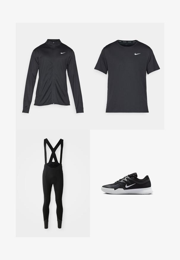 Jachetă sportivă neagră cu mâneci lungi, guler și fermoar complet. Prezintă un logo Nike subtil, alb, pe pieptul din stânga sus. Textură netedă.; Tricou de alergare Nike negru, fabricat dintr-un material ușor și respirabil, cu mâneci scurte și un mic logo alb pe piept.; Colanți de ciclism negri, cu bretele ajustabile în formă de X, panouri texturate și picioare ajustate care se îngustează la gleznă.; Pantof sport negru cu un superior texturat, swoosh alb Nike și o tălpică din cauciuc alb. Dispune de un design cu șireturi și o formă dinamică.