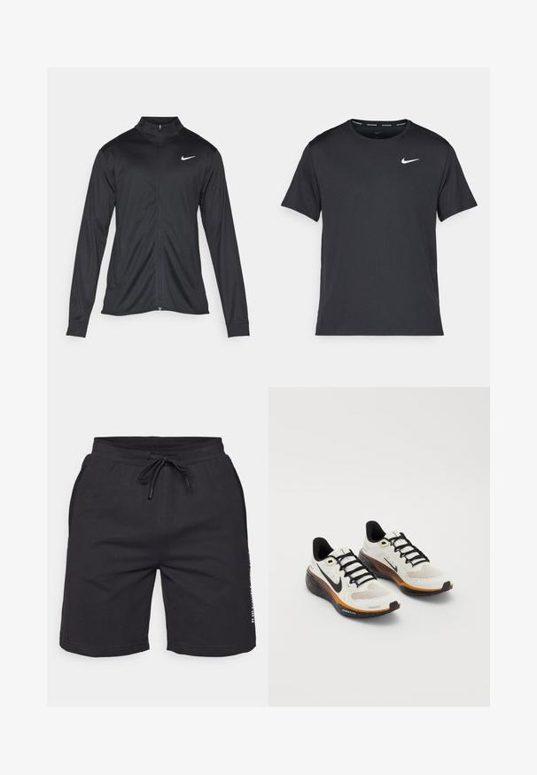 Juodas sportinis švarkas su ilgomis rankovėmis, apykakle ir pilnu užtrauktuku. Yra subtilus baltas Nike logotipas kairėje krūtinės pusėje. Lygus tekstūra.; Juodas Nike bėgimo marškinėlis, pagamintas iš lengvos, kvėpuojančios medžiagos, turintis trumpas rankoves ir mažą baltą logotipą ant krūtinės.; Juodos sportinės šortai, pagaminti iš minkštos medžiagos, su raišteliu juosmens, šoninėmis kišenėmis ir atspausdintais akcentais šonuose.; Nike bėgimo batai su balta tinkline viršute, juodais raišteliais, oranžiniu ir juodu padu su taškiniais akcentais bei kvėpuojančiu dizainu.
