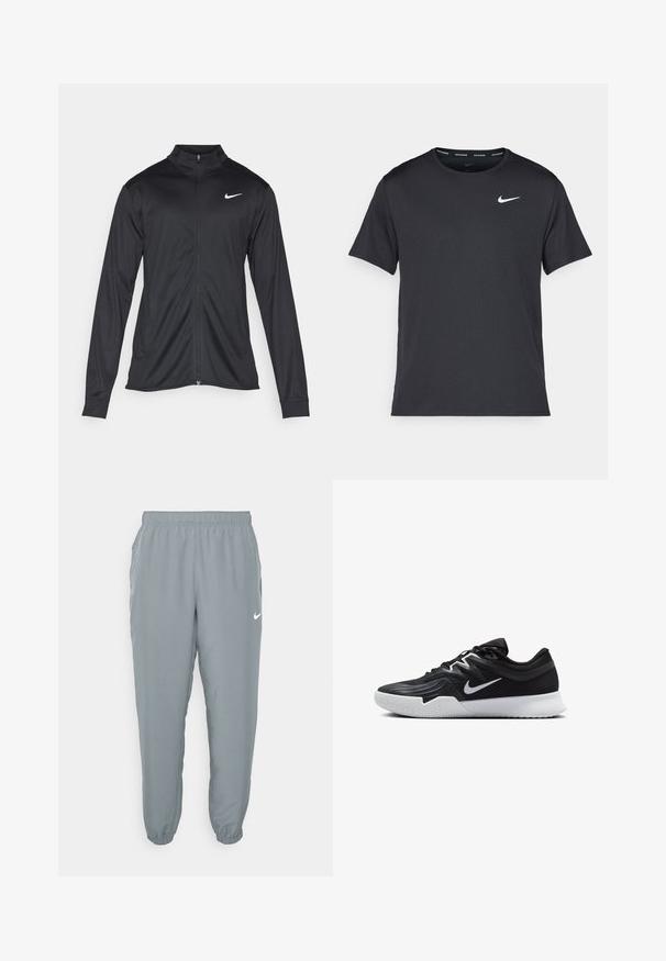 Melna sporta jaka ar garām piedurknēm, apkakli un pilnu rāvējslēdzēju. Uz kreisā krūts augšdaļas ir maigs Nike logo baltā krāsā. Gluda tekstūra.; Melna Nike skriešanas T-kreklā, kas izgatavots no viegla un elpojoša materiāla, ar īsām piedurknēm un mazu baltu logo uz krūtīm.; Gai pelēki sporta bikses ar elastīgu jostasvietu, sānu kabatām un sašaurinātiem piedurkņu galiem. Ar mazu balto Nike logo. Gluda tekstūra.; Melni sporta apavi ar teksturētu virsu, balto Nike zulumu un balto gumijas zoli. Iezīmējas ar auklu pievilkšanas dizainu un dinamisku formu.