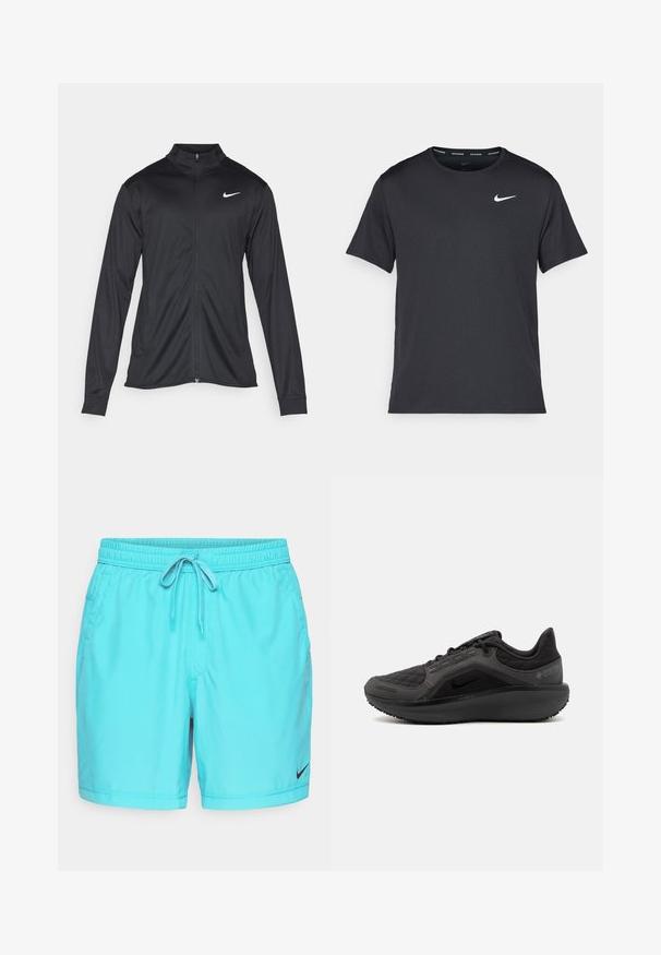 Melna sporta jaka ar garām piedurknēm, apkakli un pilnu rāvējslēdzēju. Uz kreisā krūts augšdaļas ir maigs Nike logo baltā krāsā. Gluda tekstūra.; Melna Nike skriešanas T-kreklā, kas izgatavots no viegla un elpojoša materiāla, ar īsām piedurknēm un mazu baltu logo uz krūtīm.; Gaiši zili Nike peldbikses ar elastīgu jostasvietu, regulējamu auklu, sānu kabatām un mazu melnu logotipu kreisajā apakšējā kājā.; Melnas sporta kurpes ar teksturētu, izšūtu augšpusi, elegantu dizainu un melnu gumijas zoli. Piedāvā redzamu logotipu un Gore-Tex zīmola atzīmēšanu.