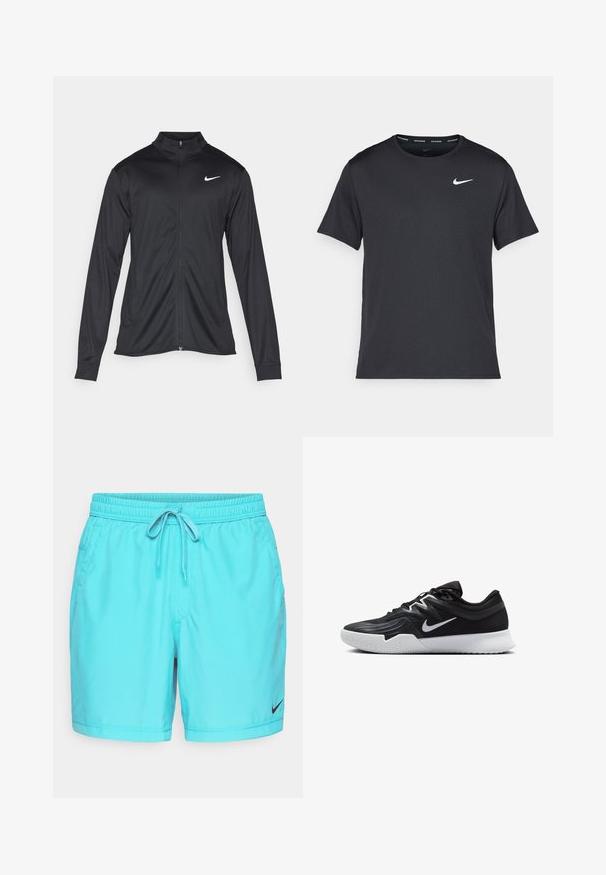 Chaqueta atlética negra con mangas largas, collar y cremallera completa. Presenta un sutil logo de Nike en blanco en la parte superior izquierda del pecho. Textura suave.; Camiseta de running negra de Nike, hecha de material ligero y transpirable, con mangas cortas y un pequeño logo blanco en el pecho.; Bañador Nike de color azul claro con cintura elástica, cordón ajustable, bolsillos laterales y un pequeño logo negro en la parte inferior de la pierna izquierda.; Zapatilla deportiva negra con parte superior texturizada, logo de Nike en blanco y suela de goma blanca. Tiene un diseño con cordones y una forma dinámica.
