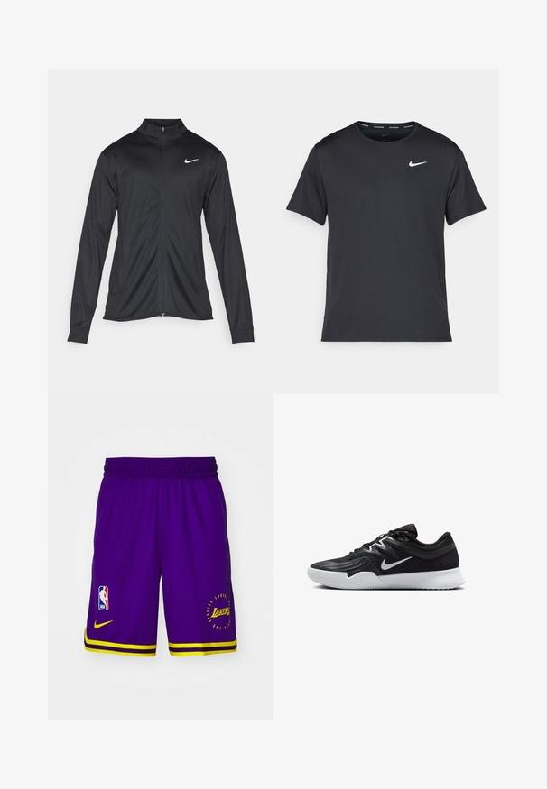 Čierna športová bunda s dlhými rukávmi, golierom a plným zipsom. Obsahuje nenápadné logo Nike v bielej farbe na hornej ľavej hrudi. Hladká textúra.; Čierne bežecké tričko Nike vyrobené z ľahkého a priedušného materiálu, s krátkymi rukávmi a malým bielym logom na hrudi.; Fialové basketbalové šortky so žltými akcentmi, elastický pás, logo NBA na ľavom stehne a "LAKERS" vytlačené v žltej na pravom stehne.; Čierna športová topánka s textúrovaným zvrškom, bielym logom Nike a bielou gumovou podrážkou. Má šnurovací dizajn a dynamický tvar.