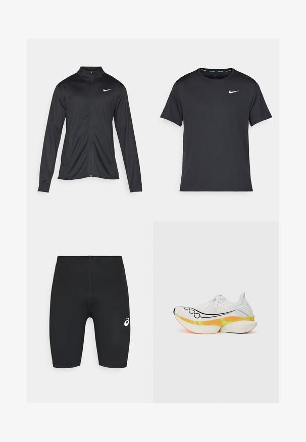 Black athletic jacket with long sleeves, collar, and full zipper. Features a subtle Nike logo in white on the upper left chest. Smooth texture.; Black Nike running T-shirt made of lightweight, breathable material, featuring short sleeves and a small white logo on the chest.; Black athletic shorts with a smooth texture, fitted design, and white logo on the left side. No visible pockets or hardware details.; White running shoe featuring a textured mesh upper, black swoosh design, and a colorful, layered sole with orange and yellow accents.
