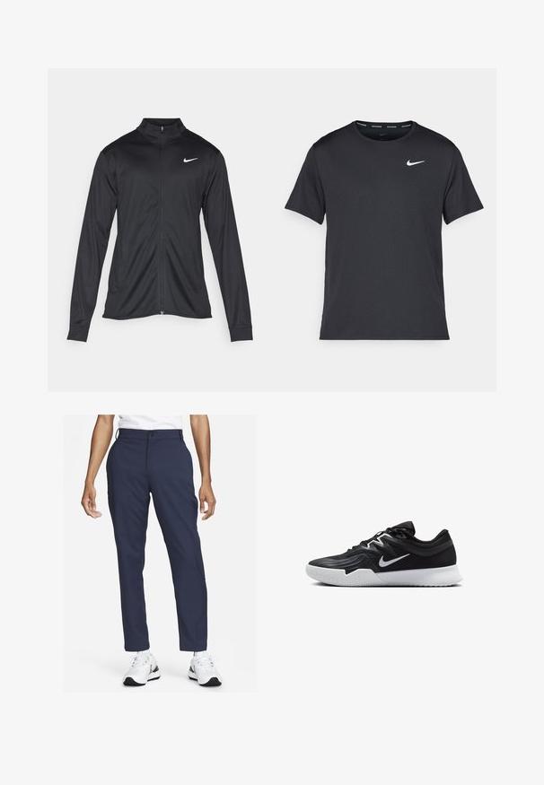 Giacca sportiva nera con maniche lunghe, colletto e zip completa. Presenta un logo Nike in bianco sulla parte superiore del lato sinistro del petto. Tessuto morbido.; Maglietta da corsa Nike nera realizzata in materiale leggero e traspirante, con maniche corte e un piccolo logo bianco sul petto.; Pantaloni blu realizzati in un tessuto morbido, con un design a gamba dritta, dotati di una tasca frontale e passanti per cintura, abbinati a sneakers bianche.; Scarpa sportiva nera con tomaia testurizzata, logo Nike swoosh bianco e suola in gomma bianca. Presenta un design con lacci e una forma dinamica.