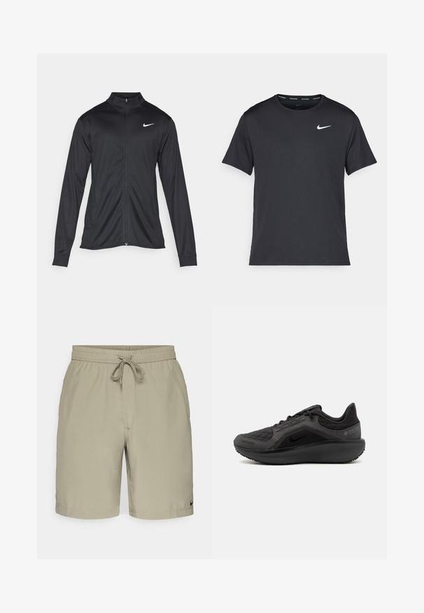 Melna sporta jaka ar garām piedurknēm, apkakli un pilnu rāvējslēdzēju. Uz kreisā krūts augšdaļas ir maigs Nike logo baltā krāsā. Gluda tekstūra.; Melna Nike skriešanas T-kreklā, kas izgatavots no viegla un elpojoša materiāla, ar īsām piedurknēm un mazu baltu logo uz krūtīm.; Bežīgas šorti ar elastīgu jostasvīru un auklu. Gluda auduma, klasiskā piegriezuma, ar sānu kabatām un mazu logotipu apakšējā malā.; Melnas sporta kurpes ar teksturētu, izšūtu augšpusi, elegantu dizainu un melnu gumijas zoli. Piedāvā redzamu logotipu un Gore-Tex zīmola atzīmēšanu.