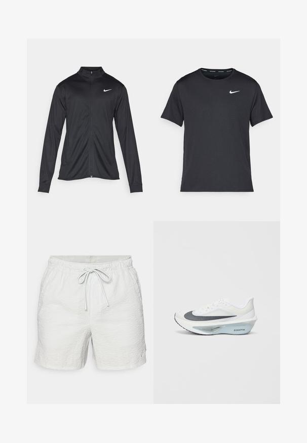 Čierna športová bunda s dlhými rukávmi, golierom a plným zipsom. Obsahuje nenápadné logo Nike v bielej farbe na hornej ľavej hrudi. Hladká textúra.; Čierne bežecké tričko Nike vyrobené z ľahkého a priedušného materiálu, s krátkymi rukávmi a malým bielym logom na hrudi.; Biele plavky s textúrovanou tkaninou, elastickým pásom a sťahovacou šnúrkou. Obsahujú malý logový akcent.; Biele športové topánky s šedou sieťovinou, modrou strednou podrážkou z peny ZoomX a zakrivenou podrážkou pre zvýšenú dynamiku a pohodlie.