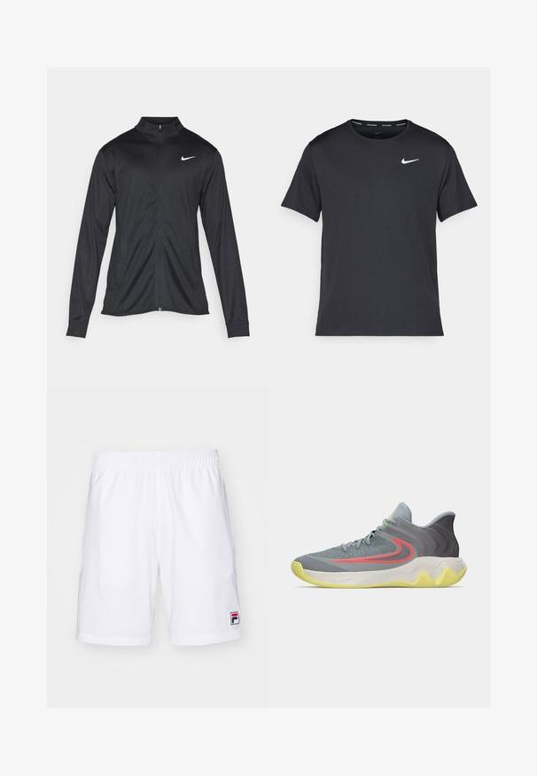 Melna sporta jaka ar garām piedurknēm, apkakli un pilnu rāvējslēdzēju. Uz kreisā krūts augšdaļas ir maigs Nike logo baltā krāsā. Gluda tekstūra.; Melna Nike skriešanas T-kreklā, kas izgatavots no viegla un elpojoša materiāla, ar īsām piedurknēm un mazu baltu logo uz krūtīm.; Fila SHORTS JAKOB - Sporta šorti - white/navy; Pelēki un dzelteni sporta apavi ar sarkanu swoosh logotipu, vieglu zolīti un acs augšdaļu, skatīti no sāniem uz baltā fona.