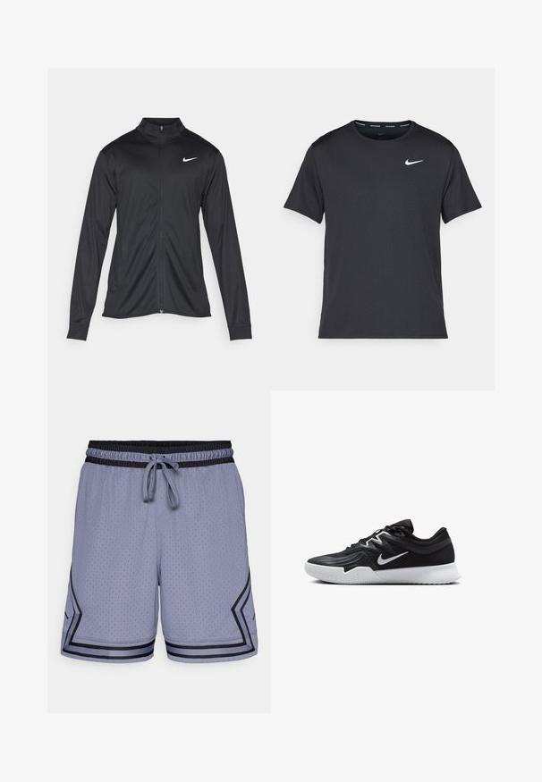 Črna atletska jakna z dolgimi rokavi, ovratnikom in polnim zadrgo. Vključuje diskreten bel Nike logotip na zgornjem levem delu prsnega koša. Gladka tekstura.; Črna tekaška majica Nike, izdelana iz lahkega in zračnega materiala, z kratkimi rokavi in majhnim belim logotipom na prsih.; Svetlo modri športni kratki hlače z mrežasto teksturo, elastičnim pasom, vrvico in črnimi detajli ob robu in straneh.; Črne atletske čevlje z teksturirano zgornjico, belim Nike znakom in belim gumijastim zunanjim podplatom. Imajo vezalni dizajn in dinamično obliko.