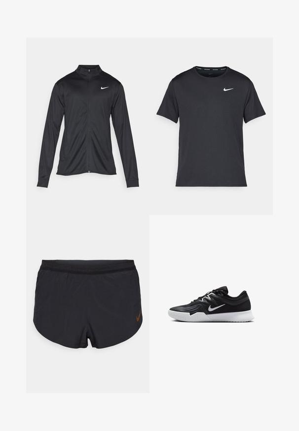 Chaqueta atlética negra con mangas largas, collar y cremallera completa. Presenta un sutil logo de Nike en blanco en la parte superior izquierda del pecho. Textura suave.; Camiseta de running negra de Nike, hecha de material ligero y transpirable, con mangas cortas y un pequeño logo blanco en el pecho.; Pantalones cortos deportivos negros con una cinturilla elástica texturizada y un corte corto. Presenta un pequeño logotipo de Nike marrón en la parte inferior izquierda.; Zapatilla deportiva negra con parte superior texturizada, logo de Nike en blanco y suela de goma blanca. Tiene un diseño con cordones y una forma dinámica.