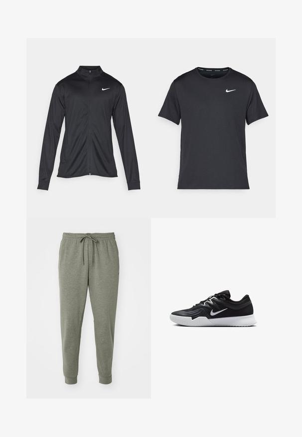 Melna sporta jaka ar garām piedurknēm, apkakli un pilnu rāvējslēdzēju. Uz kreisā krūts augšdaļas ir maigs Nike logo baltā krāsā. Gluda tekstūra.; Melna Nike skriešanas T-kreklā, kas izgatavots no viegla un elpojoša materiāla, ar īsām piedurknēm un mazu baltu logo uz krūtīm.; Pelēkie džoga bikses ar elastīgu jostasvietu un auklu, izgatavotas no mīksta materiāla. Tām ir sānu kabatas un sašaurinātas kājas.; Melni sporta apavi ar teksturētu virsu, balto Nike zulumu un balto gumijas zoli. Iezīmējas ar auklu pievilkšanas dizainu un dinamisku formu.