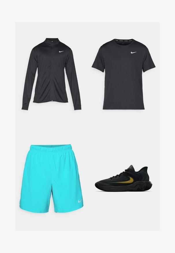 Jacket desportivo preto com mangas longas, colarinho e fecho zip completo. Apresenta um discreto logotipo da Nike em branco na parte superior do lado esquerdo do peito. Textura suave.; T-shirt de corrida Nike preto, feito de material leve e respirável, com mangas curtas e um pequeno logo branco no peito.; Calções Nike turquesa com uma cinta elástica, textura suave e um pequeno logótipo prateado na parte inferior da perna direita.; Tênis atlético preto e cinza escuro com cadarços pretos e logotipo swoosh dourado, apresentando um design de sola ondulada e colarinho acolchoado no calcanhar.