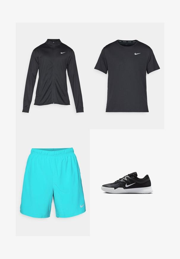 Black athletic jacket with long sleeves, collar, and full zipper. Features a subtle Nike logo in white on the upper left chest. Smooth texture.; Black Nike running T-shirt made of lightweight, breathable material, featuring short sleeves and a small white logo on the chest.; Turquoise Nike shorts with an elastic waistband, smooth texture, and a small silver logo accent on the lower right leg.; Black athletic shoe with a textured upper, white Nike swoosh, and a white rubber outsole. Features a lace-up design and dynamic shape.