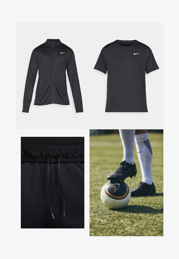Zwarte sportjack met lange mouwen, kraag en volle rits. Voorzien van een subtiele Nike-logo in het wit op de bovenste linkerborst. Soepele textuur.; Zwarte Nike hardloop T-shirt gemaakt van lichtgewicht, ademend materiaal, met korte mouwen en een klein wit logo op de borst.; Zwarte sportshorts van textuurstof, met een elastische tailleband en een trekkoord. Details omvatten een zwart trekkoord met metalen aglets.; Zwarte voetbalschoen op een wit en zwart gemusterd voetbals, rustend op groen gras. De schoen heeft een gestructureerd materiaal en veters.