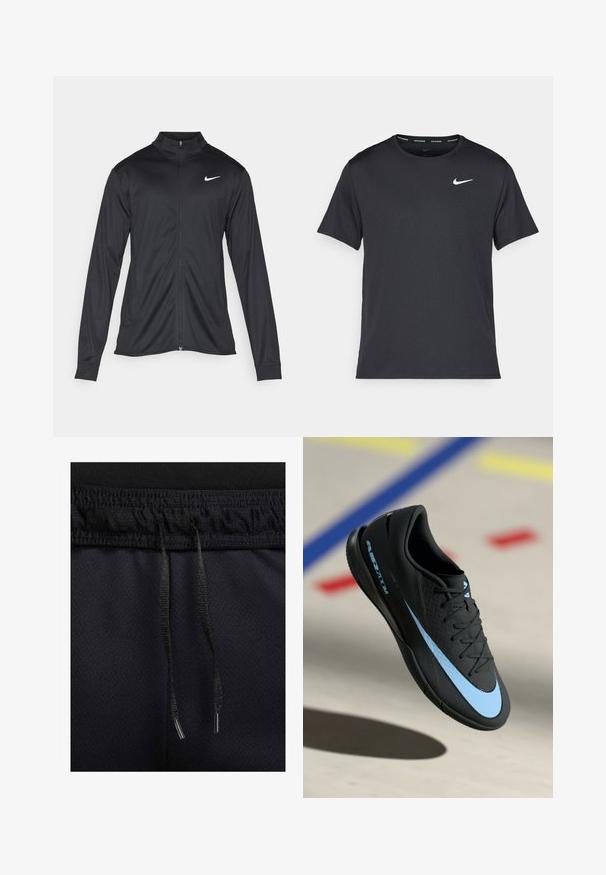 Svart idrottsjacka med långa ärmar, krage och full dragkedja. Har en diskret Nike-logga i vitt på övre vänstra bröstet. Slät yta.; Svart Nike löpeshirt i lätt, andningsbart material, med korta ärmar och en liten vit logotyp på bröstet.; Svarta sportshorts med strukturerad tyg, elastisk midja och dragsko. Detaljer inkluderar svart dragsko med metalldetaljer.; Svarta atletiska skor med blåa accenter, strukturerad yta, snörningsdesign och distinkt Nike-logotyp. Gummisula med greppmönster.