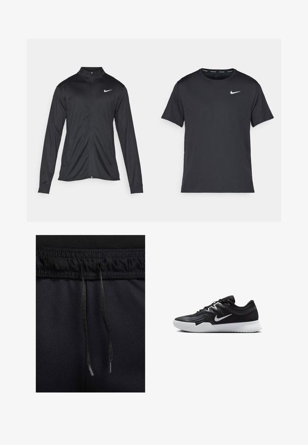 Musta urheilutakki pitkillä hihoilla, kauluksella ja kokonaisella vetoketjulla. Täydentää hienovarainen Nike-logo valkoisena vasemmassa ylärinnassa. Litteä pinta.; Musta Nike juoksupaita, joka on valmistettu kevyestä ja hengittävästä materiaalista. Paidassa on lyhyet hihnat ja pieni valkoinen logo rinnassa.; Mustat urheilushortsit, joissa on teksturoitu kangas, elastinen vyötärö ja kiristysnauha. Yksityiskohtia ovat musta kiristysnauha, jossa on metalliset päätypaloset.; Musta urheilukenkä, jossa on teksturoitu päällinen, valkoinen Nike-tikkaus ja valkoinen kumipohja. Kenkässä on nauhakuji ja dynaaminen muoto.