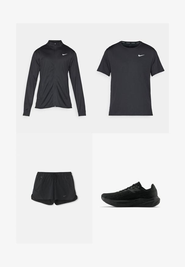 Jacket desportivo preto com mangas longas, colarinho e fecho zip completo. Apresenta um discreto logotipo da Nike em branco na parte superior do lado esquerdo do peito. Textura suave.; T-shirt de corrida Nike preto, feito de material leve e respirável, com mangas curtas e um pequeno logo branco no peito.; Calções atléticos pretos com um cós elástico e cordão. Apresenta dois bolsos laterais e um logótipo da Nike na parte frontal esquerda.; Sapatilha atlética preta com parte superior texturizada, apresentando um design elegante, fecho com atacadores e uma sola mais espessa com padrão para melhorar a aderência.