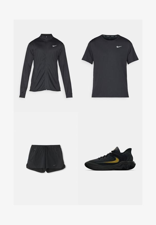 Černá sportovní bunda s dlouhými rukávy, límcem a plným zipem. Má decentní bílou logo značky Nike na horní levé části hrudi. Hladká textura.; Černé běžecké tričko Nike vyrobené z lehkého a prodyšného materiálu, s krátkými rukávy a malým bílým logem na hrudi.; Černé sportovní šortky s elastickým pasem a šňůrkou. Obsahují dvě boční kapsy a logo Nike na přední levé straně.; Černá a tmavě šedá sportovní obuv s černými tkaničkami a zlatým logem ve tvaru síťoviny, s vlnitým designem podrážky a polstrovaným límcem kolem paty.