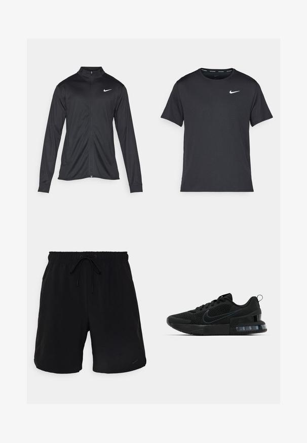 Fekete sportdzseki hosszú ujjal, gallérral és teljes cipzárral. Diszkrét fehér Nike logóval az upper bal mellen. Sima textúra.; Fekete Nike futó póló, könnyű, légáteresztő anyagból készült, rövid ujjú, és a mellkasán egy kicsi fehér logó található.; Fekete sportnadrág elasztikus derékkal és állítható húzózsinórral. Könnyű anyagból készült, oldalsó zsebekkel és egy kis logóval rendelkezik.; Fekete Nike sportcipő, hálós felsőrésszel, gumitalppal, párnázott nyakkal és jellegzetes átlátszó sarokbetéttel.