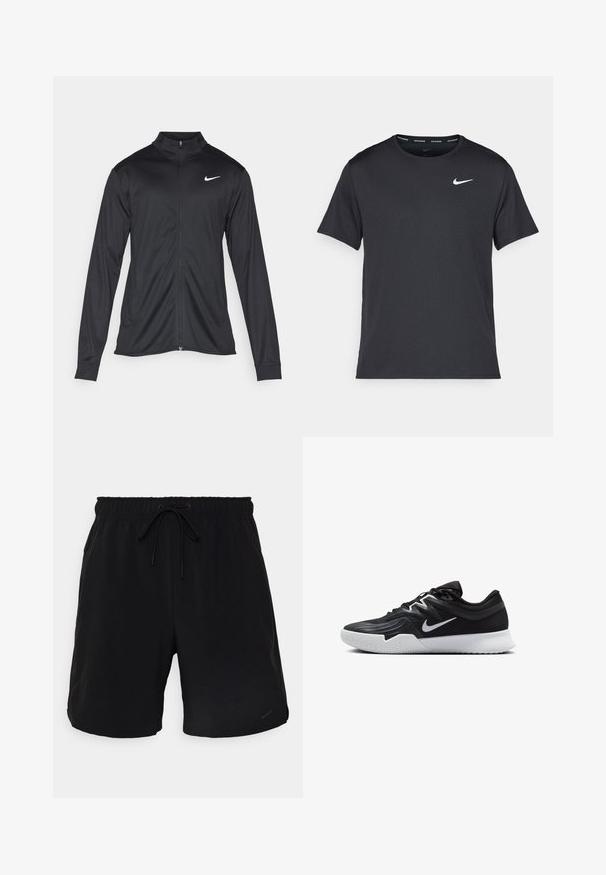 Melna sporta jaka ar garām piedurknēm, apkakli un pilnu rāvējslēdzēju. Uz kreisā krūts augšdaļas ir maigs Nike logo baltā krāsā. Gluda tekstūra.; Melna Nike skriešanas T-kreklā, kas izgatavots no viegla un elpojoša materiāla, ar īsām piedurknēm un mazu baltu logo uz krūtīm.; Melni sporta šorti ar elastīgu jostu un regulējamu auklu. Izgatavoti no viegla auduma, ar sānu kabatām un mazu logotipu.; Melni sporta apavi ar teksturētu virsu, balto Nike zulumu un balto gumijas zoli. Iezīmējas ar auklu pievilkšanas dizainu un dinamisku formu.