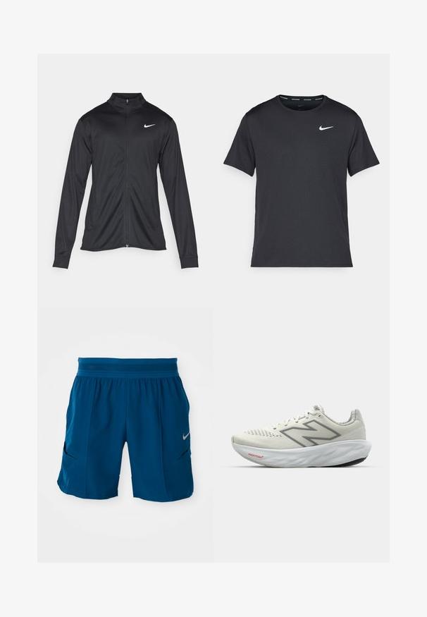 Must värvi sportlik jakk pikkade varrukatega, krae ja täispikk tõmblukk. Ülemises vasakus rinnas on diskreetne valge Nike logo. Sile tekstuur.; Mustamust Nike'i jooksupaita, mis on valmistatud kergest ja hingavast materjalist, lühikeste varrukatega ja mille rinnal on väike valge logo.; Sinised sportlikud lühikesed püksid kerge kangaga. Omavad elastset vööd, kahte küljetaskut ja väikest hõbedast logo ees.; Valged jooksujalatsid hallide aktsentidega. Võrgust pealis, tekstureeritud tallad ja silmatorkav "N" logo. Omab pehmendatud kaelaosa ja "Fresh Foam" sildi.