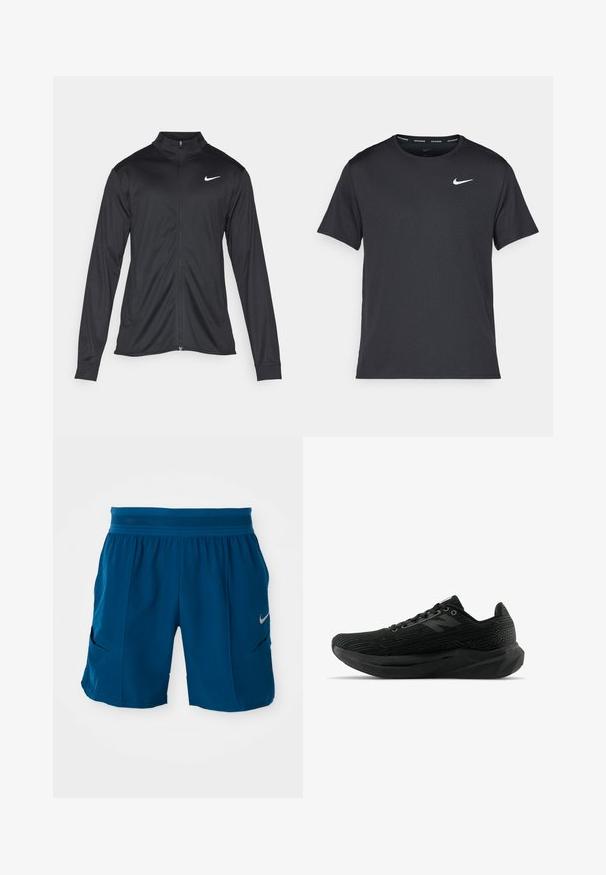 Must värvi sportlik jakk pikkade varrukatega, krae ja täispikk tõmblukk. Ülemises vasakus rinnas on diskreetne valge Nike logo. Sile tekstuur.; Mustamust Nike'i jooksupaita, mis on valmistatud kergest ja hingavast materjalist, lühikeste varrukatega ja mille rinnal on väike valge logo.; Sinised sportlikud lühikesed püksid kerge kangaga. Omavad elastset vööd, kahte küljetaskut ja väikest hõbedast logo ees.; Mustan sportliku jalanõu tekstureeritud pealsega, millel on stiilne disain, paeltesulgemine ja paksem mustriline tald paremaks haardevõimeks.