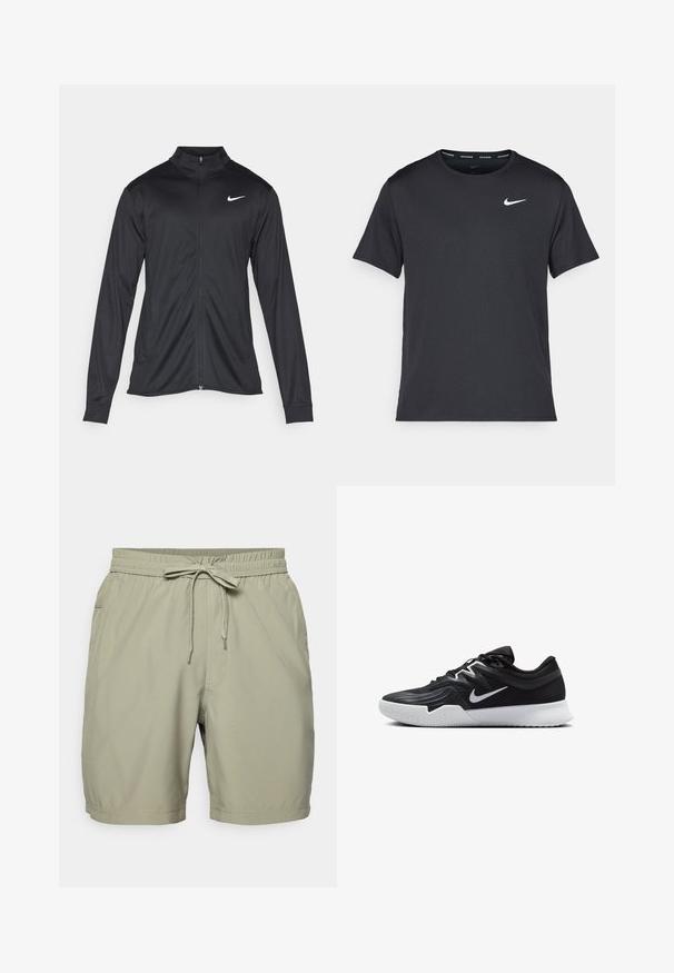 Musta urheilutakki pitkillä hihoilla, kauluksella ja kokonaisella vetoketjulla. Täydentää hienovarainen Nike-logo valkoisena vasemmassa ylärinnassa. Litteä pinta.; Musta Nike juoksupaita, joka on valmistettu kevyestä ja hengittävästä materiaalista. Paidassa on lyhyet hihnat ja pieni valkoinen logo rinnassa.; Khaki uimarit, jossa on joustava vyötärö ja nyöri, sivutaskut ja sileä, kevyt kangas.; Musta urheilukenkä, jossa on teksturoitu päällinen, valkoinen Nike-tikkaus ja valkoinen kumipohja. Kenkässä on nauhakuji ja dynaaminen muoto.