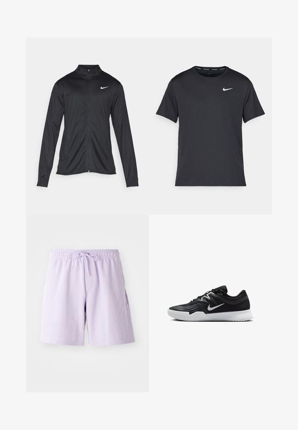 Jachetă sportivă neagră cu mâneci lungi, guler și fermoar complet. Prezintă un logo Nike subtil, alb, pe pieptul din stânga sus. Textură netedă.; Tricou de alergare Nike negru, fabricat dintr-un material ușor și respirabil, cu mâneci scurte și un mic logo alb pe piept.; Boxeri scurți din bumbac ușor lavandă, cu un elastic în talie și cordon de ajustare. Dispun de buzunare laterale și o textură netedă, moale. Lungime până la mijlocul coapsei.; Pantof sport negru cu un superior texturat, swoosh alb Nike și o tălpică din cauciuc alb. Dispune de un design cu șireturi și o formă dinamică.