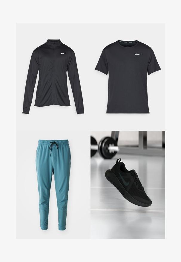 Jacket desportivo preto com mangas longas, colarinho e fecho zip completo. Apresenta um discreto logotipo da Nike em branco na parte superior do lado esquerdo do peito. Textura suave.; T-shirt de corrida Nike preto, feito de material leve e respirável, com mangas curtas e um pequeno logo branco no peito.; Calças de pista ajustadas em azul claro, com um cós elástico, cordão preto, bolsos laterais e tecido texturizado.; Ténis desportivo preto com parte superior em malha texturizada, sola de borracha e um destacado logótipo swoosh escuro. Apresenta uma gola acolchoada e design com atacadores.