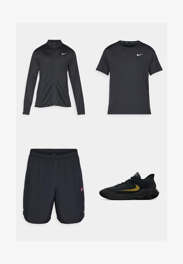 Fekete sportdzseki hosszú ujjal, gallérral és teljes cipzárral. Diszkrét fehér Nike logóval az upper bal mellen. Sima textúra.; Fekete Nike futó póló, könnyű, légáteresztő anyagból készült, rövid ujjú, és a mellkasán egy kicsi fehér logó található.; Fekete sportnadrág könnyű anyagból készült. Rugalmas derékpánttal, rózsaszín logóval a jobb oldalon és oldalsó hálós díszítéssel rendelkezik.; Fekete és sötétszürke sportcipő fekete fűzővel és arany swoosh logóval, hullámos talpformával és párnázott sarokpánttal.