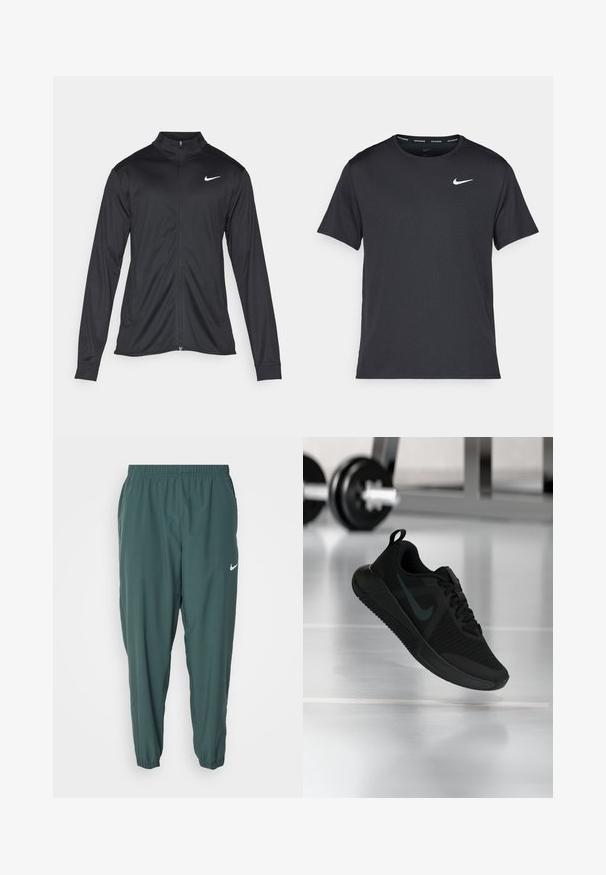 Čierna športová bunda s dlhými rukávmi, golierom a plným zipsom. Obsahuje nenápadné logo Nike v bielej farbe na hornej ľavej hrudi. Hladká textúra.; Čierne bežecké tričko Nike vyrobené z ľahkého a priedušného materiálu, s krátkymi rukávmi a malým bielym logom na hrudi.; Nike Performance FORM PANT - Tepláky - vintage green/black/silver; Čierna atletická obuv s textúrovaným sieťovým vrchom, gumovou podrážkou a výrazným tmavým logom Swoosh. Má polstrovaný golier a šnurovací dizajn.