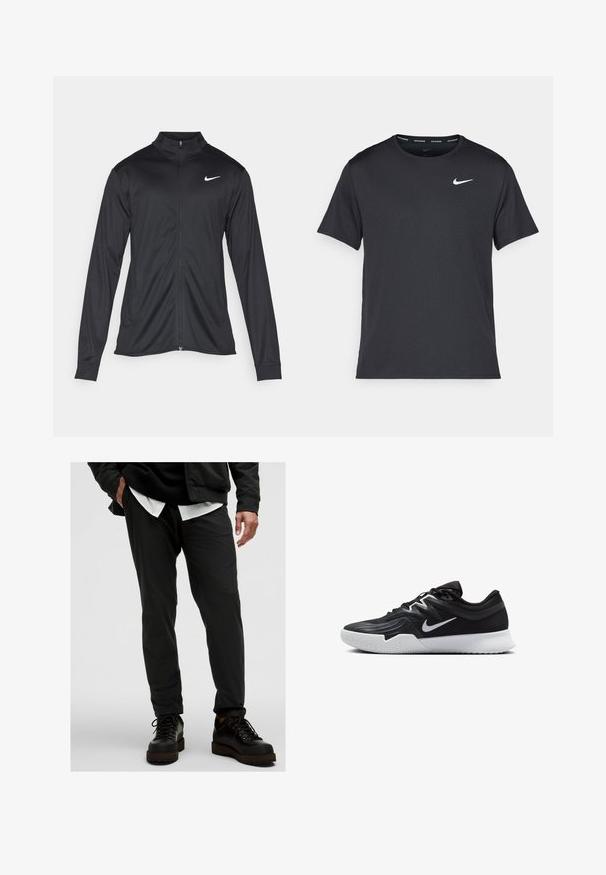 Crna sportska jakna s dugim rukavima, ovratnikom i punim patentnim zatvaračem. Ima suptilan Nike logo u bijeloj boji na gornjem lijevom dijelu prsne oznake. Glatka tekstura.; Crna Nike majica za trčanje napravljena od laganog, prozračnog materijala, s kratkim rukavima i malim bijelim logotipom na prsima.; Crne lagane hlače s glatkom teksturom, suženim krojem i elastičnom gumicom. Uparene s crnim čipkastim čizmama.; Crna sportska cipela s teksturiranim gornjim dijelom, bijelim Nike swooshom i bijelim gumennim potplatom. Ima dizajn s vezanjem i dinamičan oblik.